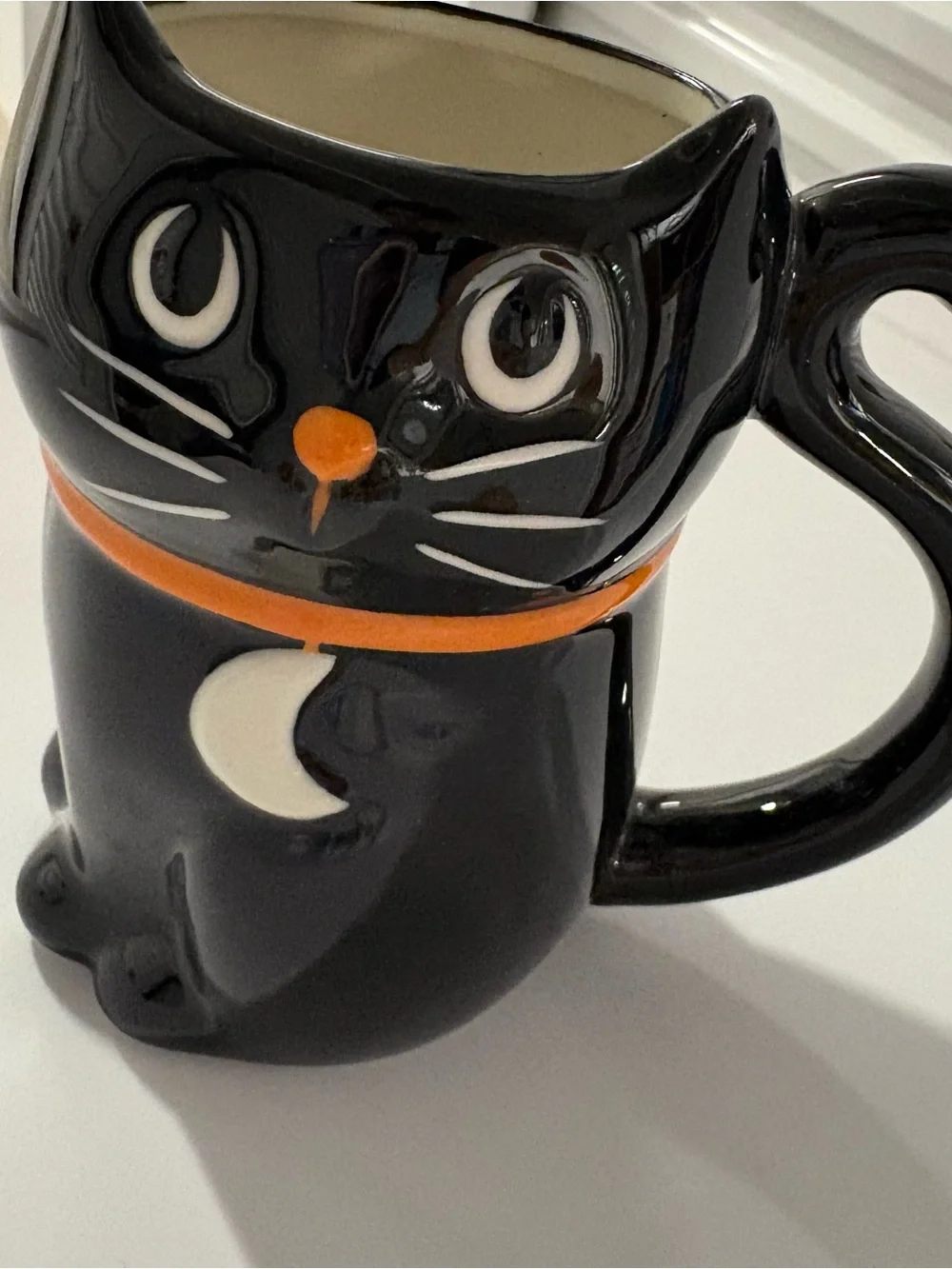 Black Cat Ceramic Mug with Orange Collar and White Moon Accent Halloween decor